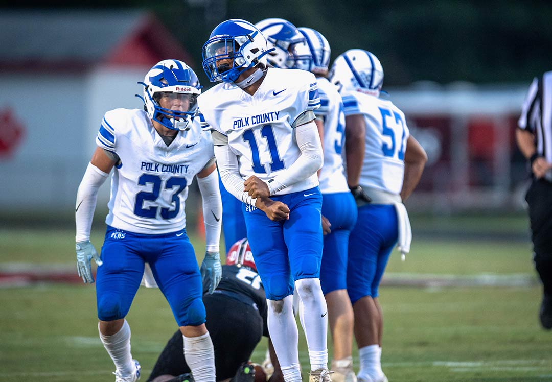 Polk County's RJ Simpson celebrates following a tackle in the first half of last week's game at Blue Ridge