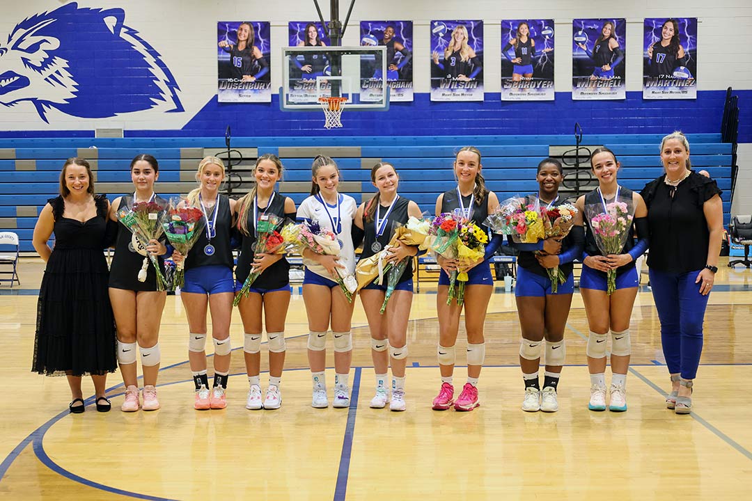Polk County celebrated its seniors on Tuesday at Senior Night. From left, head coach Molly Hill, Manuela Sanchez, Mahaley Wilson, Riyah Schroyer, Aslyn Scruggs, Junie Mitchell, Charley Dusenbury, Akeela Cunningham, Naomi Martinez and assistant coach Christen Smith (photo courtesy Jane Ollis)